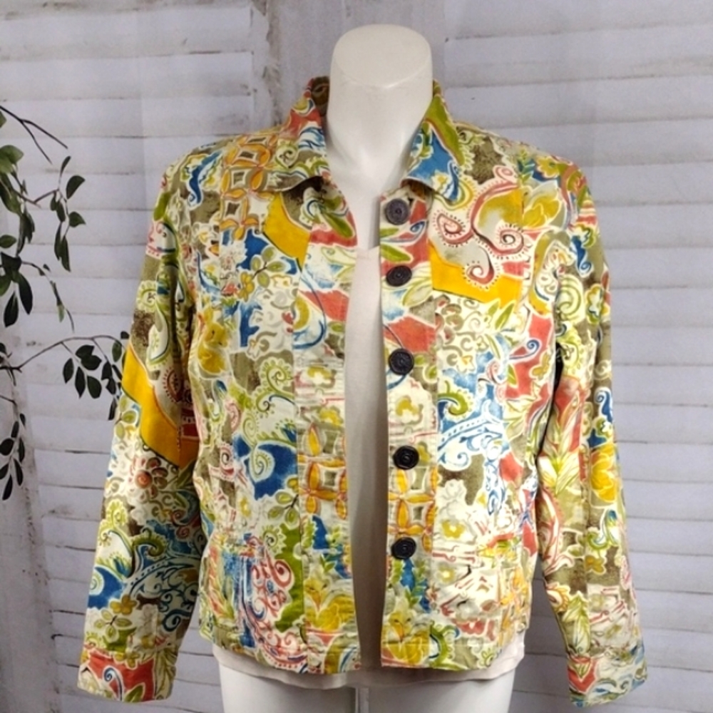 Chico's Multicolor Patterned Jean Jacket Size L - image 1